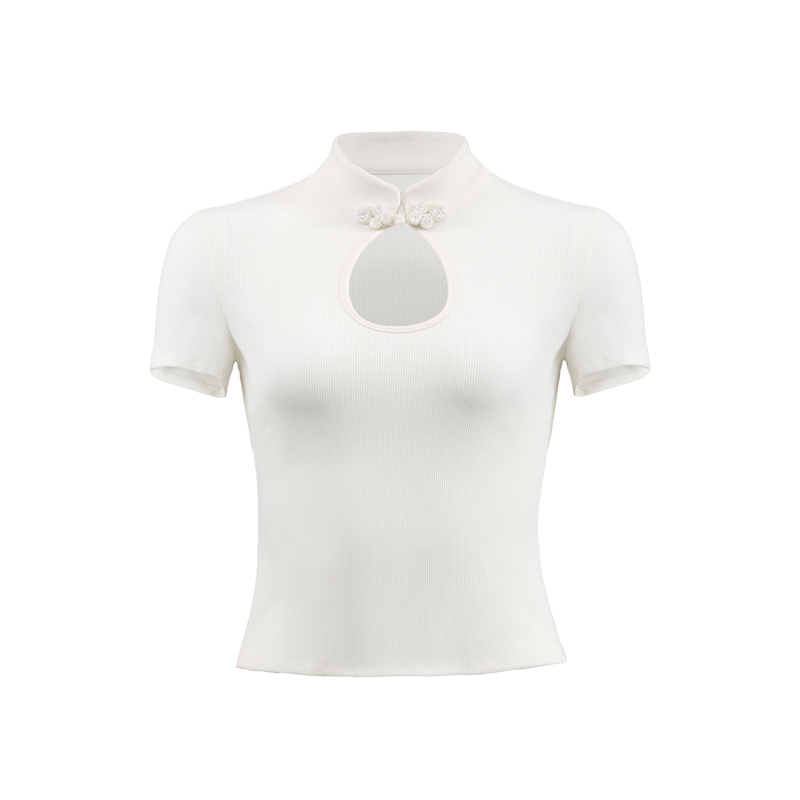 Retro Chinese Style Hollow Button Short Sleeve T-Shirt with Qipao Collar - Women's Slim Fit Top Retro Chinese Style Hollow Button Short Sleeve T-Shirt with Qipao Collar - Women's Slim Fit Top