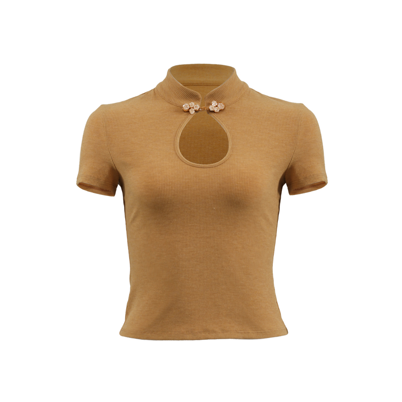 Retro Chinese Style Hollow Button Short Sleeve T-Shirt with Qipao Collar - Women's Slim Fit Top Retro Chinese Style Hollow Button Short Sleeve T-Shirt with Qipao Collar - Women's Slim Fit Top