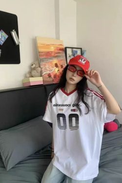 Retro Color-Block V-Neck Short Sleeve T-Shirt for Women - Trendy 90s Inspired Summer Sports Loose Top