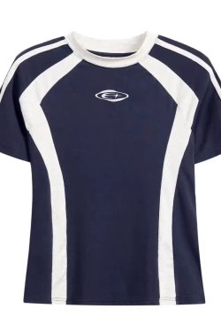 Retro Color-Blocked Raglan Short Sleeve T-Shirt for Women, Slim Fit Sporty Top, Summer Style for Trendy Girls