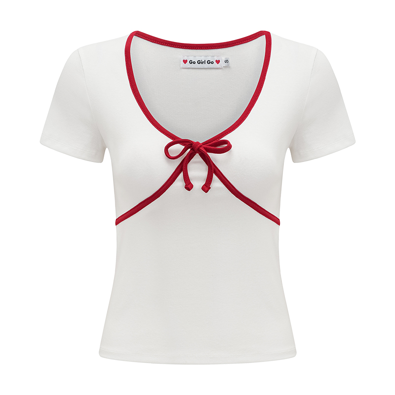 Retro Color-Blocking Bow Detail White T-Shirt for Women - Slim Fit Short Sleeve Top - European American Style Summer Fashion Retro Color-Blocking Bow Detail White T-Shirt for Women - Slim Fit Short Sleeve Top - European American Style Summer Fashion