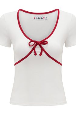 Retro Color-Blocking Bow Shoulder T-Shirt for Women - Slim Fit Short Sleeve Top in European and American Style for Summer
