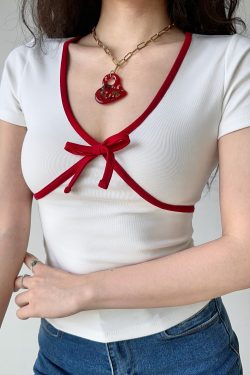 Retro Color-Blocking Bow Shoulder T-Shirt for Women - Slim Fit Short Sleeve Top in European and American Style for Summer