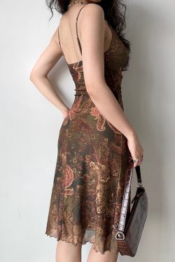 Retro Cross-Neck Printed Camisole Dress - Slim Waist, Backless, Sexy Short Skirt, European American Style, Y2K Fashion