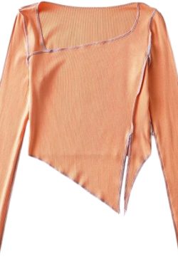 Retro Cute Color-Block Long Sleeve T-Shirt with Irregular Hem and Side Slit - Slim Fit Waist-Cinching Solid Color Top