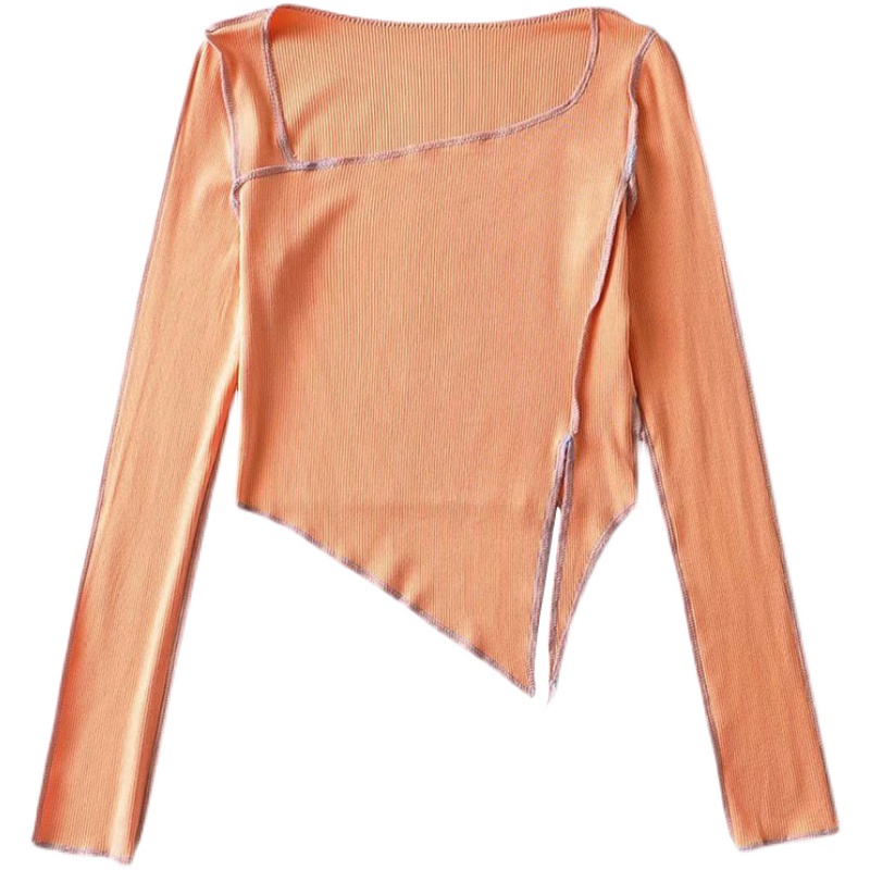 Retro Cute Color-Block Long Sleeve T-Shirt with Irregular Hem and Side Slit - Slim Fit Waist-Cinching Solid Color Top Retro Cute Color-Block Long Sleeve T-Shirt with Irregular Hem and Side Slit - Slim Fit Waist-Cinching Solid Color Top