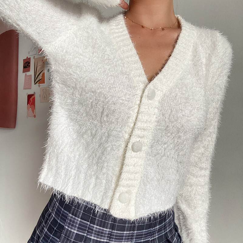 Retro Cute Fluffy V-Neck Long Sleeve Knitted Cardigan Short Jacket for Early Autumn Fashion Retro Cute Fluffy V-Neck Long Sleeve Knitted Cardigan Short Jacket for Early Autumn Fashion