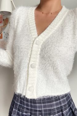 Retro Cute Fluffy V-Neck Long Sleeve Knitted Cardigan Short Jacket for Early Autumn Fashion