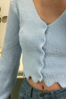 Retro Cute Girl V-Neck Ruffled Hem Fluffy High-Waisted Long Sleeve Knitted Cardigan Top - Y2K Inspired Fashion