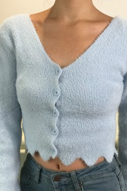 Retro Cute Girl V-Neck Ruffled Hem Fluffy High-Waisted Long Sleeve Knitted Cardigan Top - Y2K Inspired Fashion