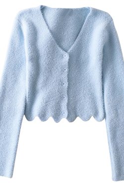 Retro Cute Girl V-Neck Ruffled Hem Fluffy High-Waisted Long Sleeve Knitted Cardigan Top - Y2K Inspired Fashion