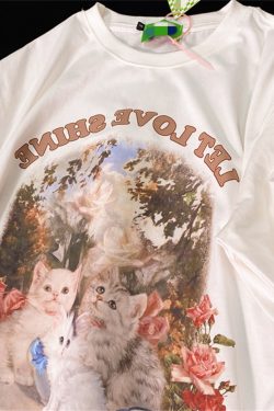 Retro Cute Kitten Graphic Pure Cotton Short Sleeve T-Shirt for Men and Women, Plus Size Loose Fit Couple Top