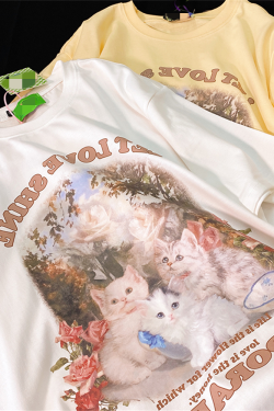 Retro Cute Kitten Graphic Pure Cotton Short Sleeve T-Shirt for Men and Women, Plus Size Loose Fit Couple Top