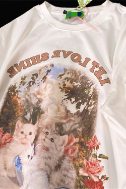 Retro Cute Kitten Graphic Pure Cotton Short Sleeve T-Shirt for Men and Women, Plus Size Loose Fit Couple Top