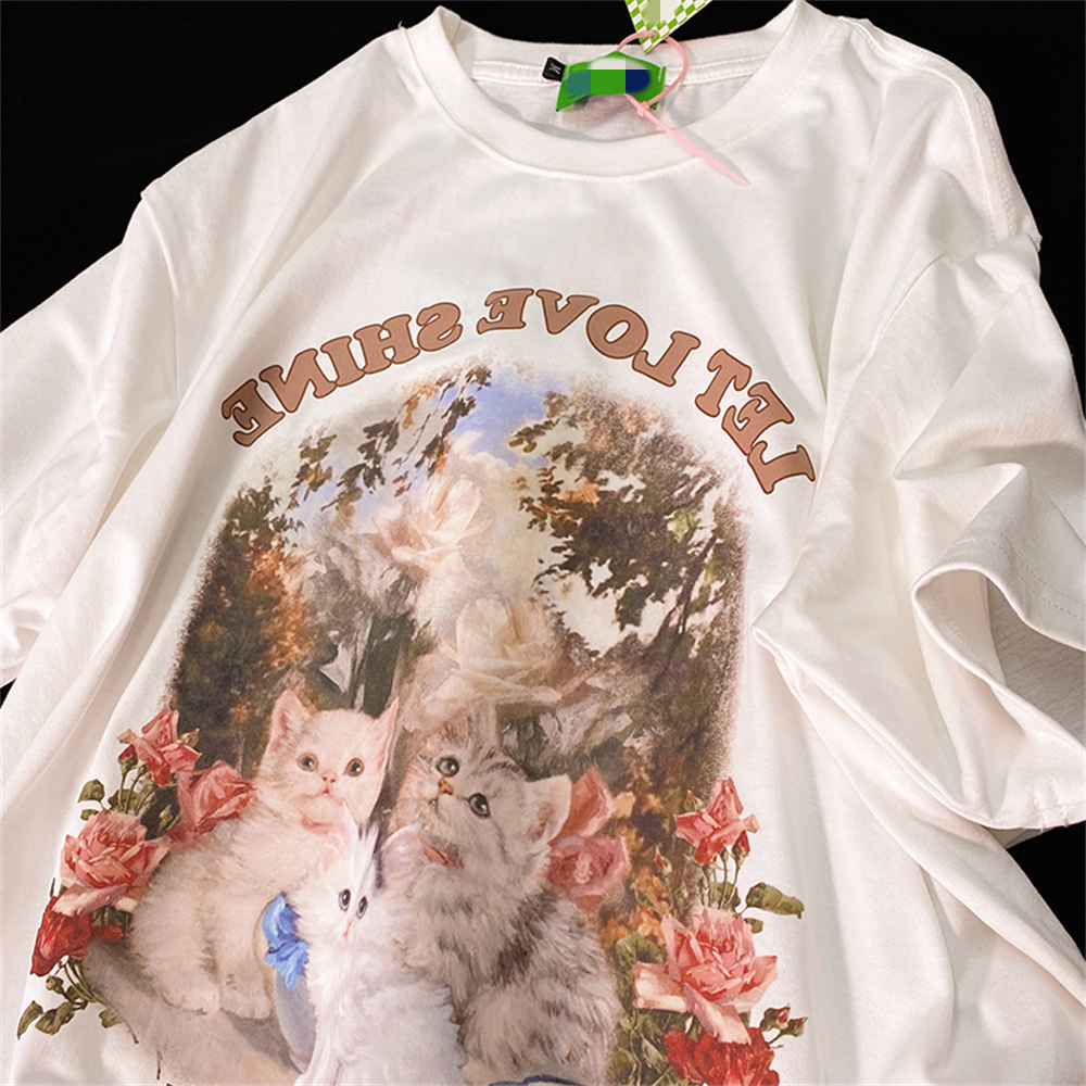 Retro Cute Kitten Graphic Pure Cotton Short Sleeve T-Shirt for Men and Women, Plus Size Loose Fit Couple Top Retro Cute Kitten Graphic Pure Cotton Short Sleeve T-Shirt for Men and Women, Plus Size Loose Fit Couple Top