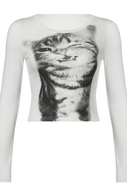 Retro Cute Kitten Print T-Shirt - Slim Fit Short Sleeve Top, Flattering and Versatile, Perfect for Y2K and 90s Inspired Fashion