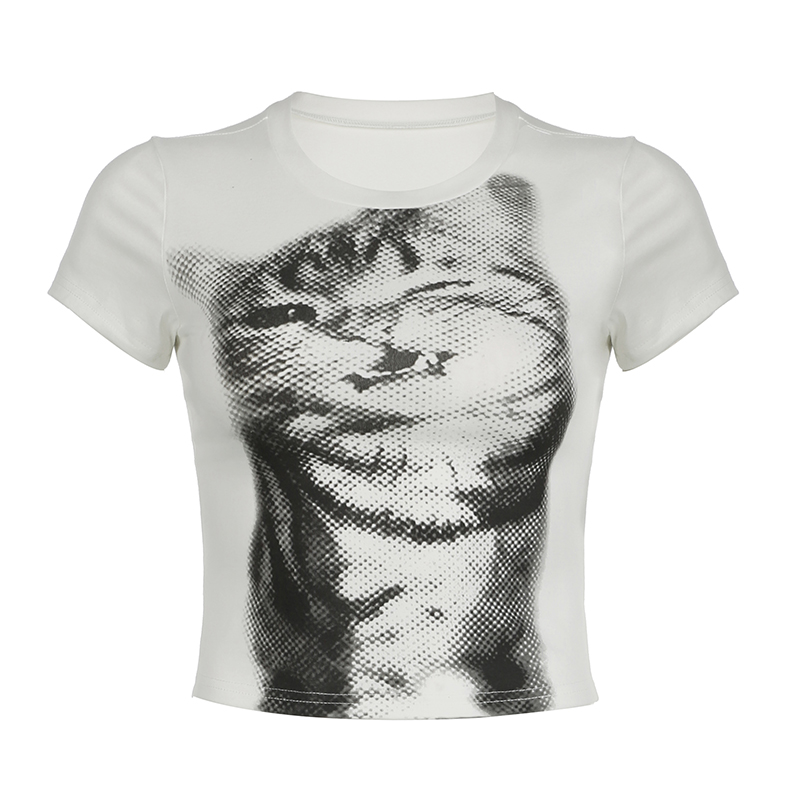 Retro Cute Kitten Print T-Shirt - Slim Fit Short Sleeve Top, Flattering and Versatile, Perfect for Y2K and 90s Inspired Fashion Retro Cute Kitten Print T-Shirt - Slim Fit Short Sleeve Top, Flattering and Versatile, Perfect for Y2K and 90s Inspired Fashion
