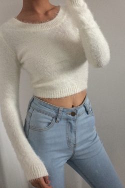 Retro Cute Multicolor Fluffy Feather Yarn Round Neck High Waist Cropped Long Sleeve Knitted Top, Y2K Inspired Fashion