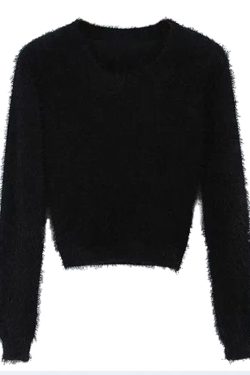 Retro Cute Multicolor Fluffy Feather Yarn Round Neck High Waist Cropped Long Sleeve Knitted Top, Y2K Inspired Fashion