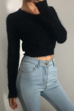 Retro Cute Multicolor Fluffy Feather Yarn Round Neck High Waist Cropped Long Sleeve Knitted Top, Y2K Inspired Fashion