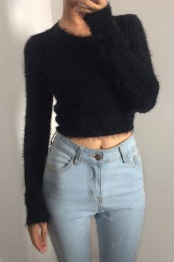 Retro Cute Multicolor Fluffy Feather Yarn Round Neck High Waist Cropped Long Sleeve Knitted Top, Y2K Inspired Fashion