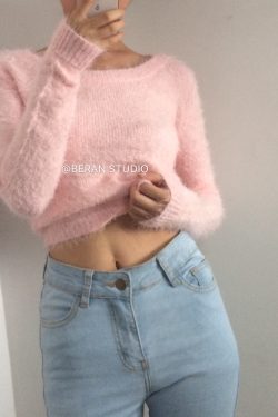 Retro Cute Multicolor Fluffy Feather Yarn Round Neck High Waist Cropped Long Sleeve Knitted Top, Y2K Inspired Fashion