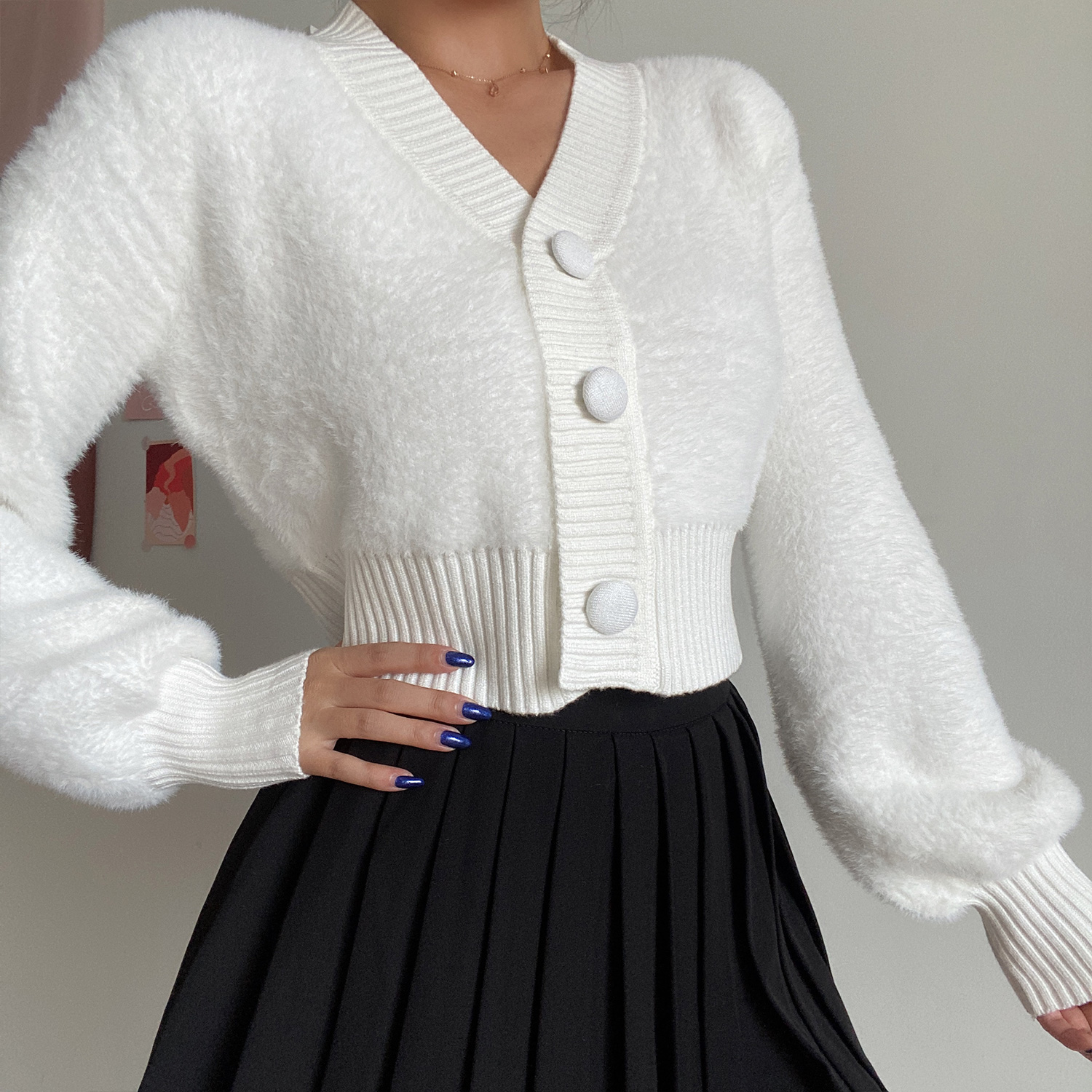 Retro Cute V-Neck Big Button High Waist Short Solid Color Faux Mink Plush Lantern Sleeve Knit Cardigan for Y2K Style Fashion Retro Cute V-Neck Big Button High Waist Short Solid Color Faux Mink Plush Lantern Sleeve Knit Cardigan for Y2K Style Fashion