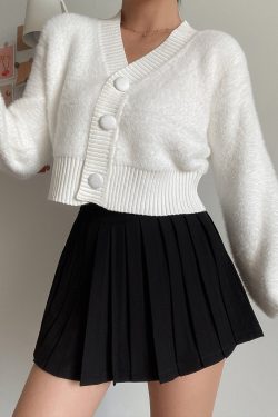 Retro Cute V-Neck Big Button High Waist Short Solid Color Faux Mink Plush Lantern Sleeve Knit Cardigan for Y2K Style Fashion