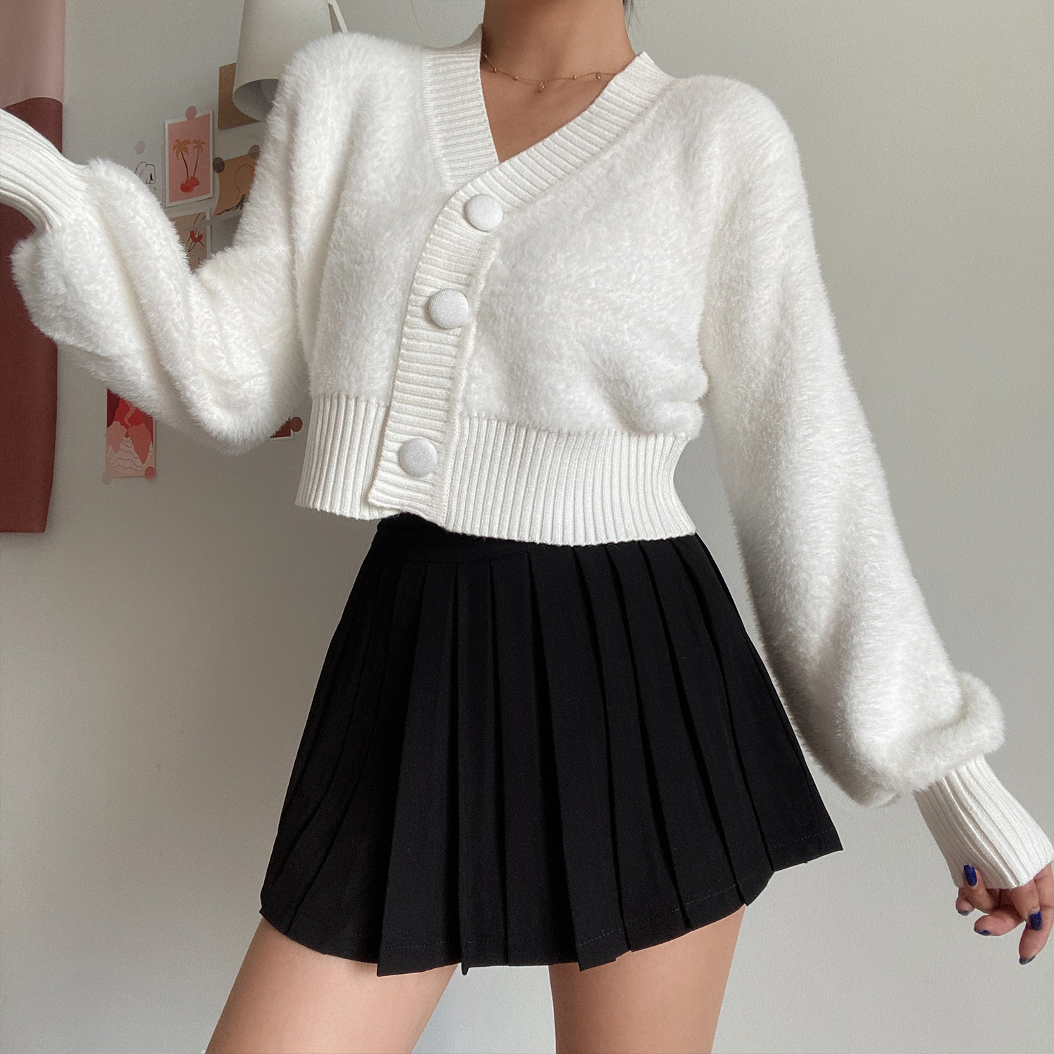 Retro Cute V-Neck Big Button High Waist Short Solid Color Faux Mink Plush Lantern Sleeve Knit Cardigan for Y2K Style Fashion Retro Cute V-Neck Big Button High Waist Short Solid Color Faux Mink Plush Lantern Sleeve Knit Cardigan for Y2K Style Fashion