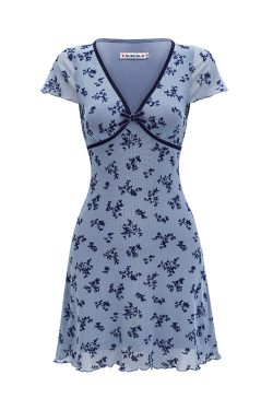Retro Deep V Floral Dress for Women - Waist-Cinching Slim-Fit A-Line Short Skirt in European American Style, Perfect for Y2K Fashion