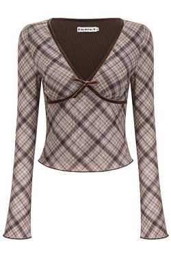 Retro Deep V-Neck Long Sleeve Plaid T-Shirt for Women - Slim Fit Cropped Top, European American Style, 90s Inspired Fashion