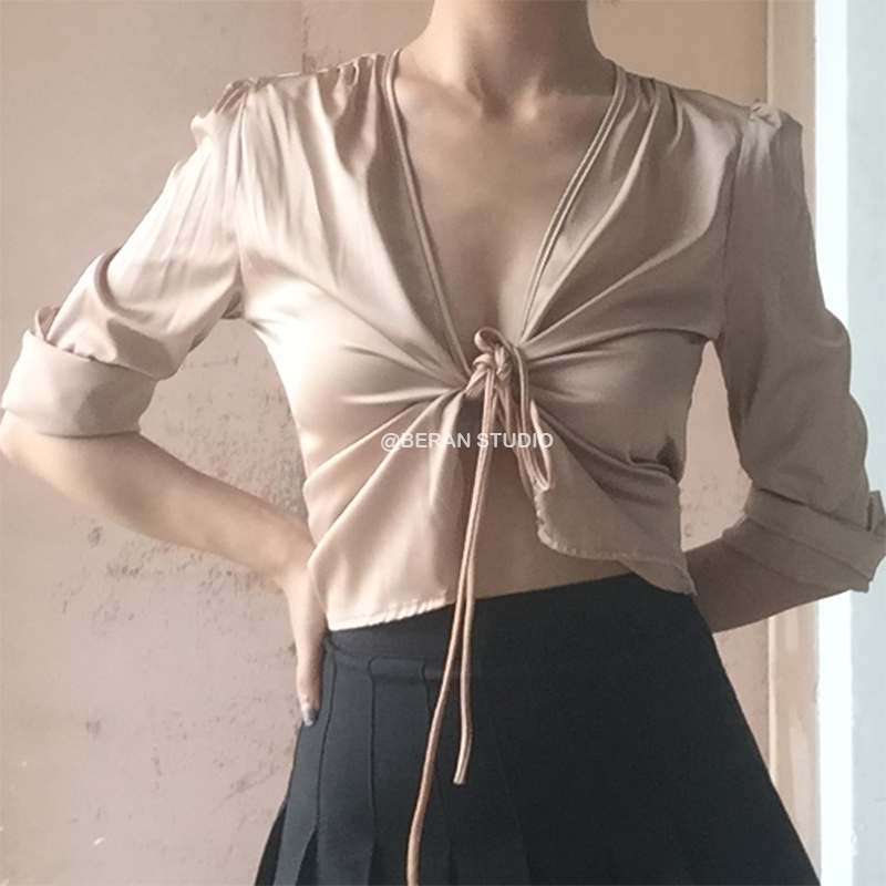 Retro Deep V Tie Long Sleeve Cardigan Shirt Top in Faux Silk - Solid Color Stylish Layering Piece Retro Deep V Tie Long Sleeve Cardigan Shirt Top in Faux Silk - Solid Color Stylish Layering Piece