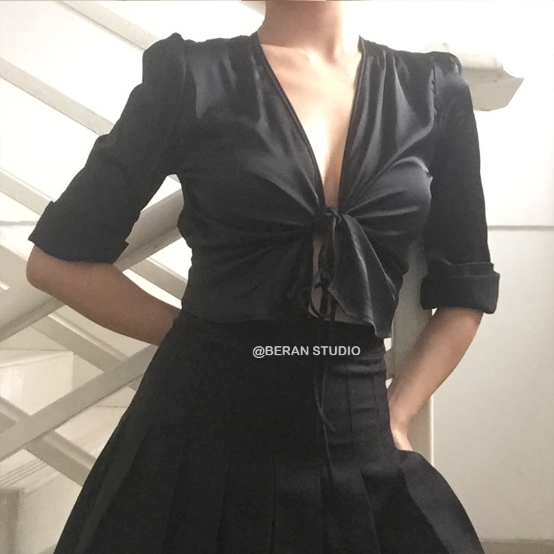 Retro Deep V Tie Long Sleeve Cardigan Shirt Top in Faux Silk - Solid Color Stylish Layering Piece Retro Deep V Tie Long Sleeve Cardigan Shirt Top in Faux Silk - Solid Color Stylish Layering Piece