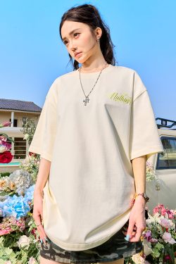 Retro Embroidered Letter Graphic T-Shirt, Loose Fit Hip-Hop Style Unisex Short Sleeve for Summer 2025