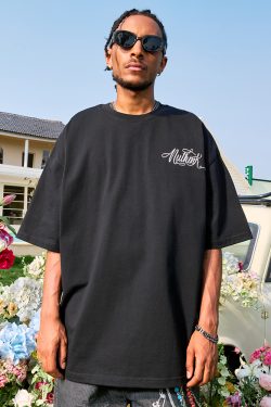 Retro Embroidered Letter Graphic T-Shirt, Loose Fit Hip-Hop Style Unisex Short Sleeve for Summer 2025