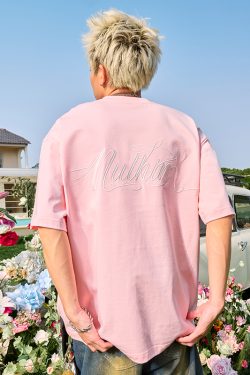 Retro Embroidered Letter Graphic T-Shirt, Loose Fit Hip-Hop Style Unisex Short Sleeve for Summer 2025