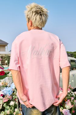 Retro Embroidered Letter Graphic T-Shirt, Loose Fit Hip-Hop Style Unisex Short Sleeve for Summer 2025