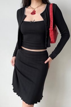 Retro European American Style Three-Piece Set: DIY New Year Camisole, Cardigan, and Skirt for Hot Girl Aesthetic