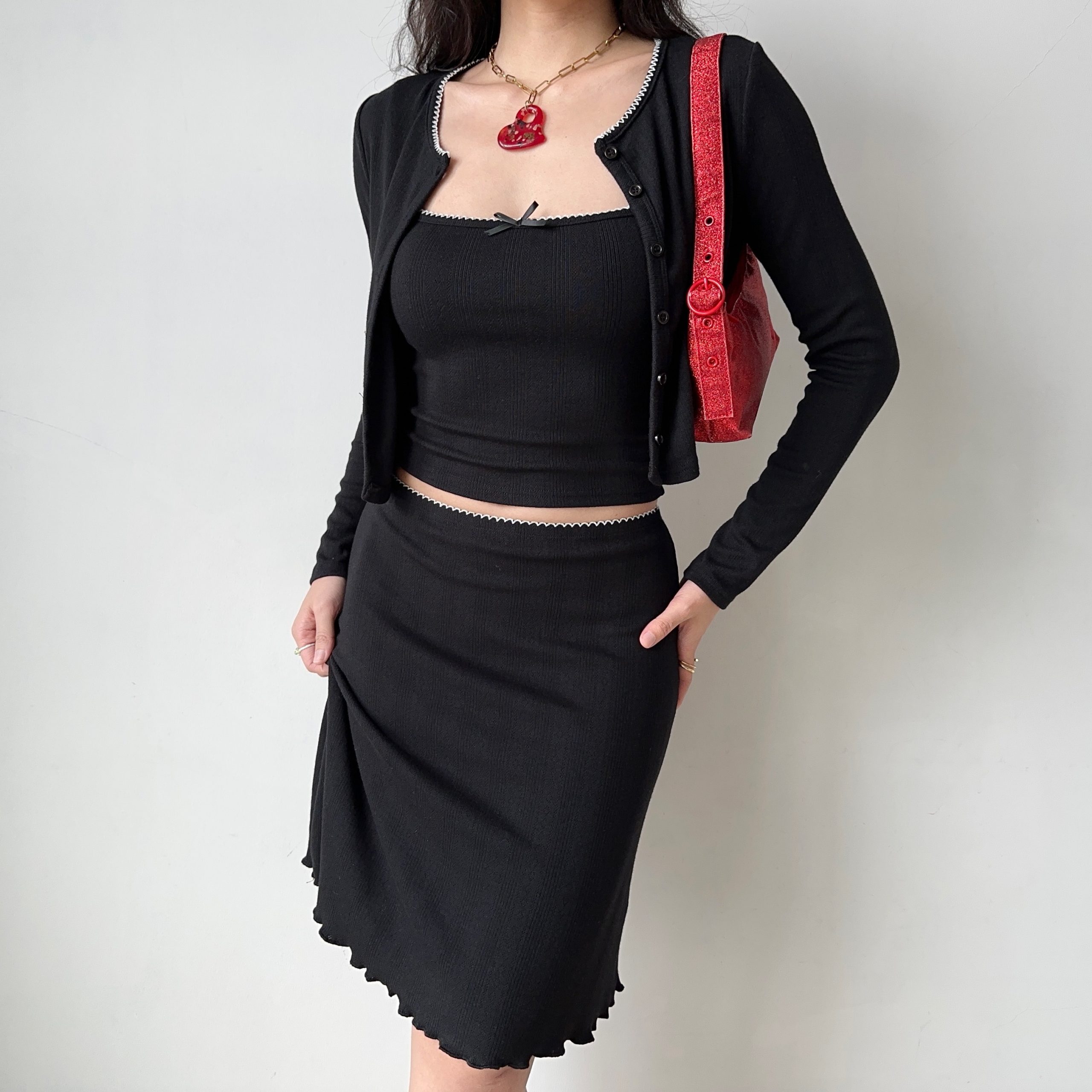 Retro European American Style Three-Piece Set: DIY New Year Camisole, Cardigan, and Skirt for Hot Girl Aesthetic Retro European American Style Three-Piece Set: DIY New Year Camisole, Cardigan, and Skirt for Hot Girl Aesthetic