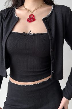 Retro European American Style Three-Piece Set: DIY New Year Camisole, Cardigan, and Skirt for Hot Girl Aesthetic