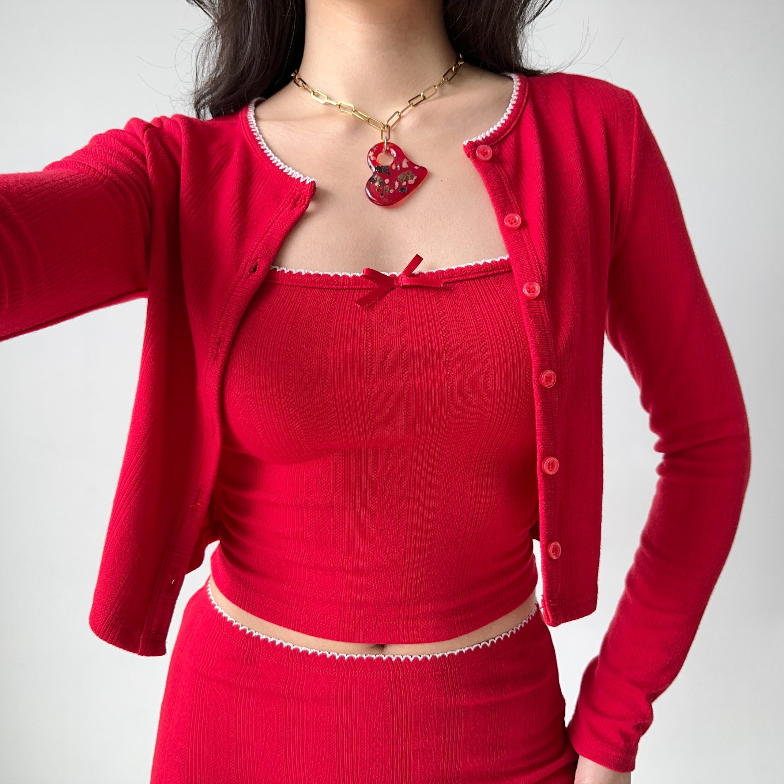 Retro European American Style Three-Piece Set: DIY New Year Camisole, Cardigan, and Skirt for Hot Girl Aesthetic Retro European American Style Three-Piece Set: DIY New Year Camisole, Cardigan, and Skirt for Hot Girl Aesthetic