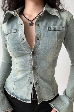 Retro Flared Sleeve Denim Shirt for Women - Slim Fit Lapel Top, Long Sleeve, European American Style, Trendy Casual Fashion