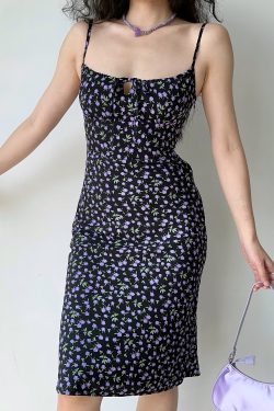 Retro Floral Front Tie Strap Dress - Slim Waist European American Style for Vacation - 90s Inspired Summer Fashion
