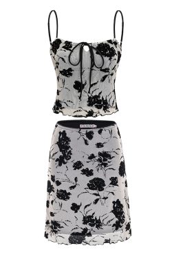 Retro Floral Print Camisole and High-Waisted Bodycon Skirt Two-Piece Set - European and American Style, Perfect for 90s and Y2K Fashion