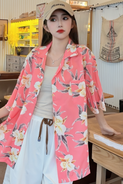 Retro Floral Short Sleeve Shirt for Women - Loose Casual Hawaiian Style Ice Silk Top for Beach Wear