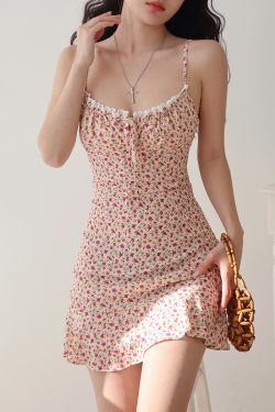 Retro Floral Slip Dress for Women - V-Neck, Tie Waist, Slimming Mini Dress for Vacation, 90s Style