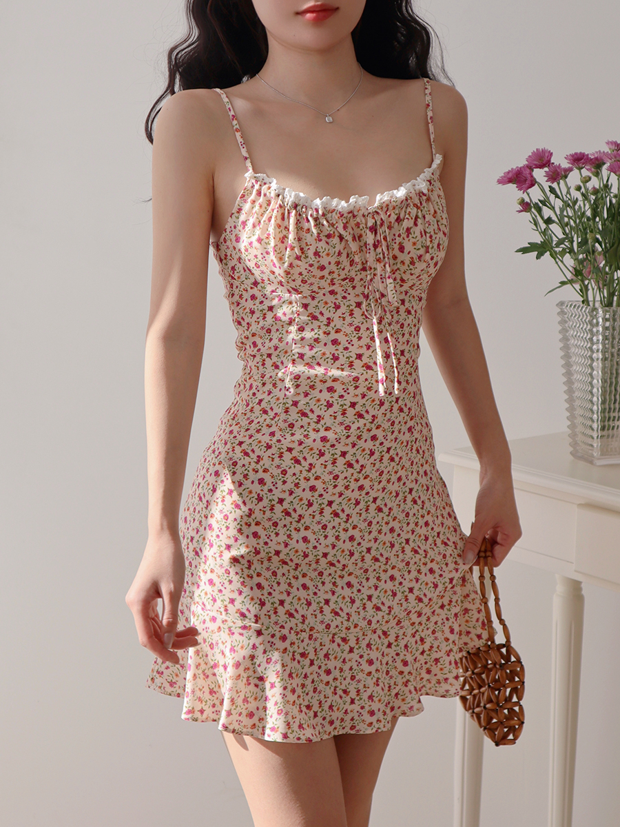 Retro Floral Slip Dress for Women - V-Neck, Tie Waist, Slimming Mini Dress for Vacation, 90s Style Retro Floral Slip Dress for Women - V-Neck, Tie Waist, Slimming Mini Dress for Vacation, 90s Style