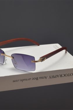 Retro Frameless Cut-Edge Rectangular Wooden Grain Sunglasses for Men and Women - Trendy Hip-Hop Party Eyewear for Small Faces