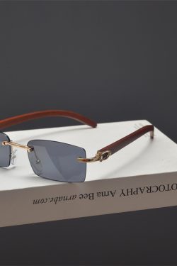 Retro Frameless Cut-Edge Rectangular Wooden Grain Sunglasses for Men and Women - Trendy Hip-Hop Party Eyewear for Small Faces