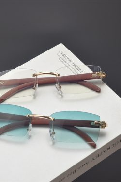 Retro Frameless Cut-Edge Rectangular Wooden Grain Sunglasses for Men and Women - Trendy Hip-Hop Party Eyewear for Small Faces